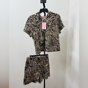 Juicy Couture Leopard Print Short Sleeve Hoodie and Shorts Tracksuit Set